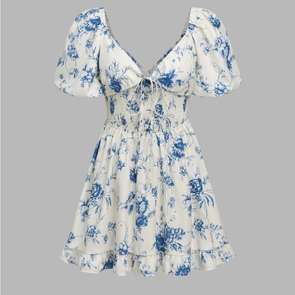 Cider Santorini Beach Vacation V-Neck Floral Knotted Shirred Cur Out Mini Dress
